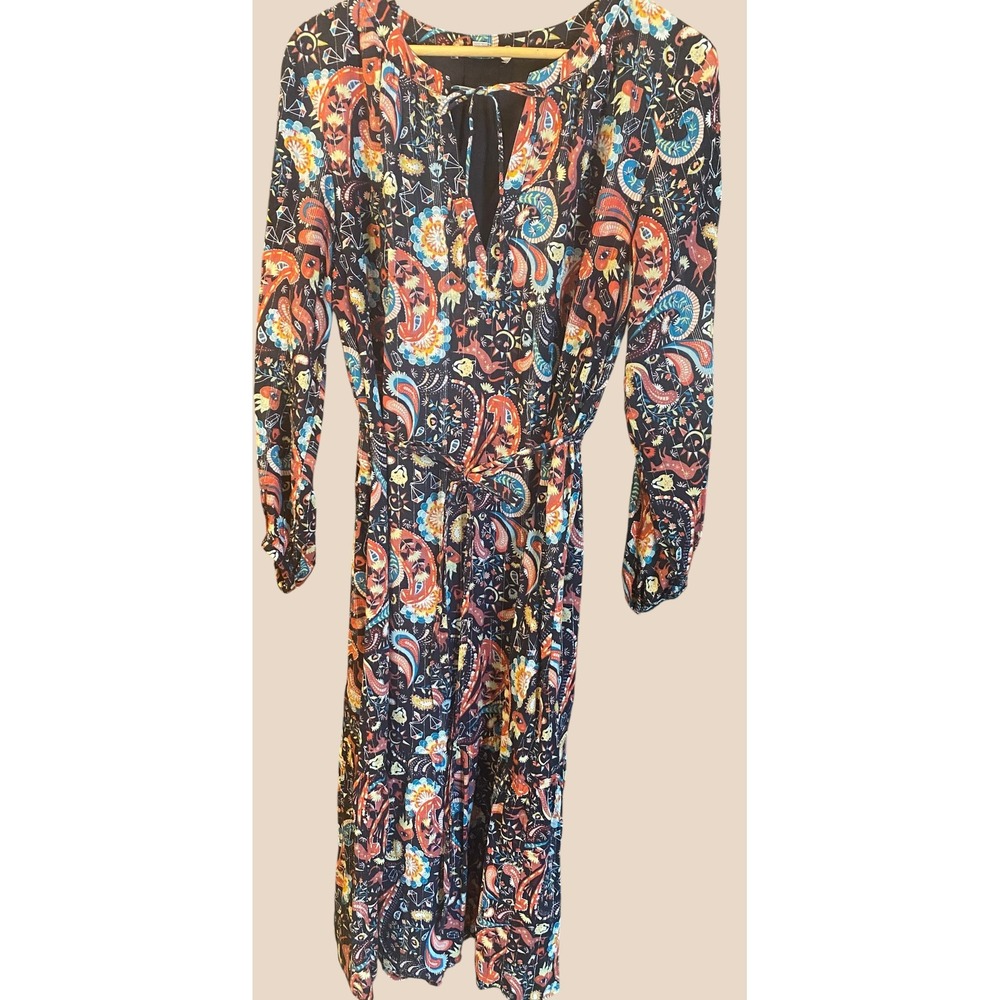 LOFT Mystic Celestial Metallic Pinstripe Womens Large Midi Maxi Tie waist dress
